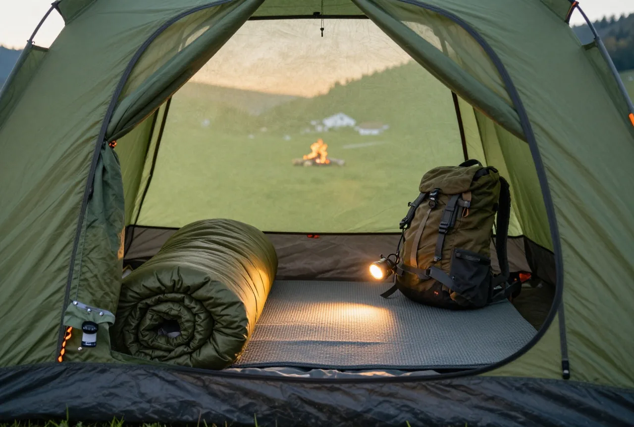 Das Innere eines kleinen Zelts mit Schlafsack, Isomatte, Stirnlampe und Rucksack im warmen Licht