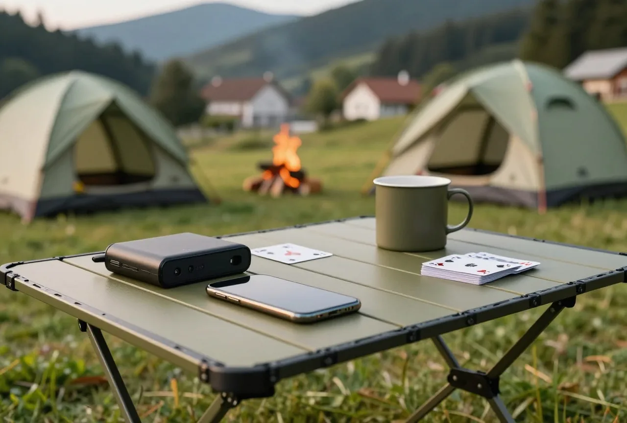 Ein Campingtisch mit einem umgedrehten Smartphone, einer Powerbank, einer Tasse und einem Kartenspiel
