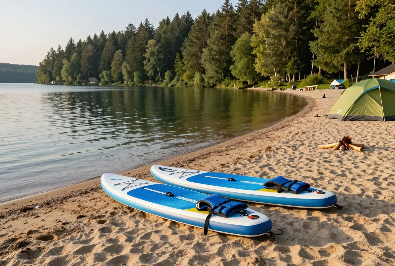 Zwei Stand-up-Paddle-Boards und zwei Schwimmwesten liegen an einem Sandstrand am See, gegenüber Wald