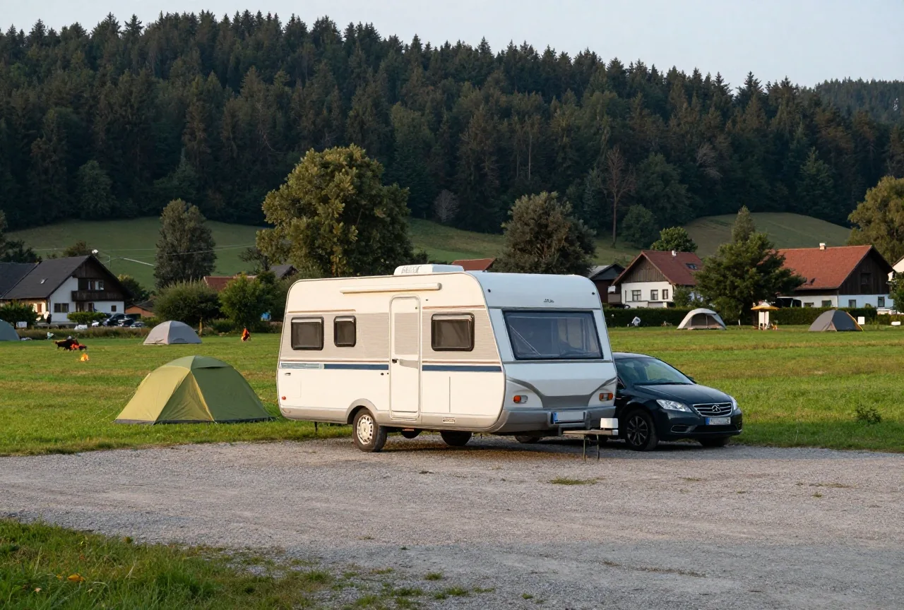 Weißer Wohnwagen ohne Aufschrift an einem dunklen Kombi auf einem Schotterplatz neben einer Wiese am frühen Abend