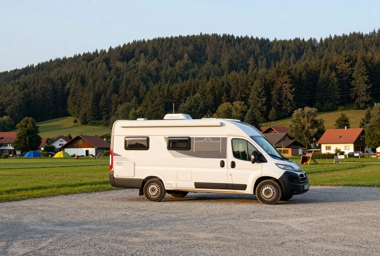 Ein weißer Campingbus steht allein auf einem Kiesstellplatz am Rand eines Dorfes im Abendlicht