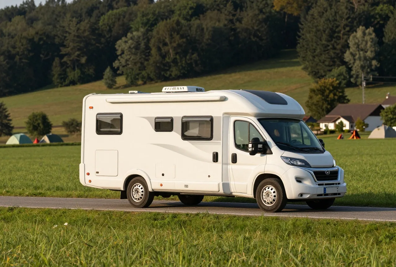 Ein großes weißes Wohnmobil auf einer ruhigen Landstraße zwischen Feldern, von der Seite gesehen, im Nachmittagslicht