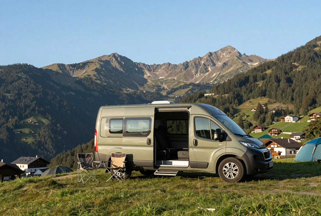 Ein Campingbus parkt an einem Aussichtspunkt in den Alpen, die Schiebetür offen, daneben zwei Klappstühle