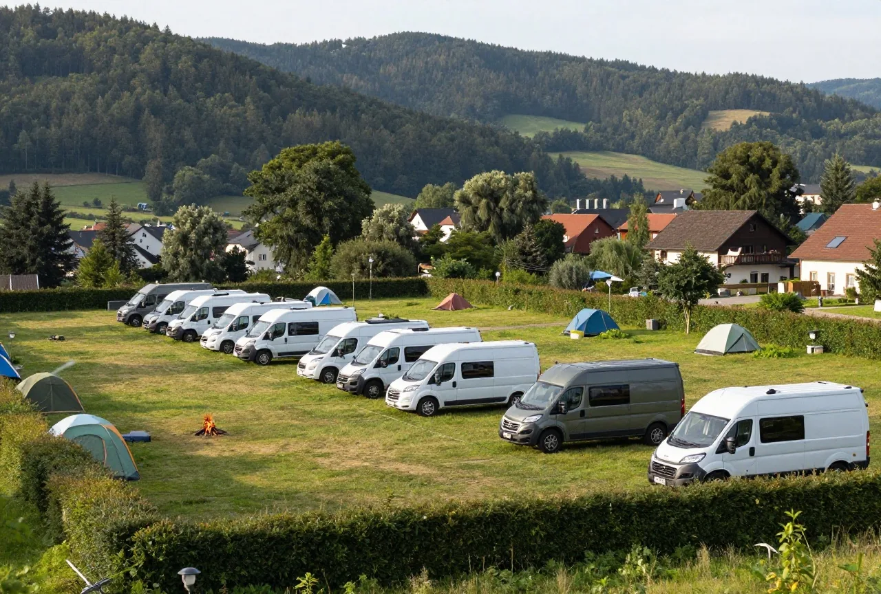 Wohnwagen und Wohnmobile stehen auf einem Campingplatz mit Hecken zwischen den Stellplätzen