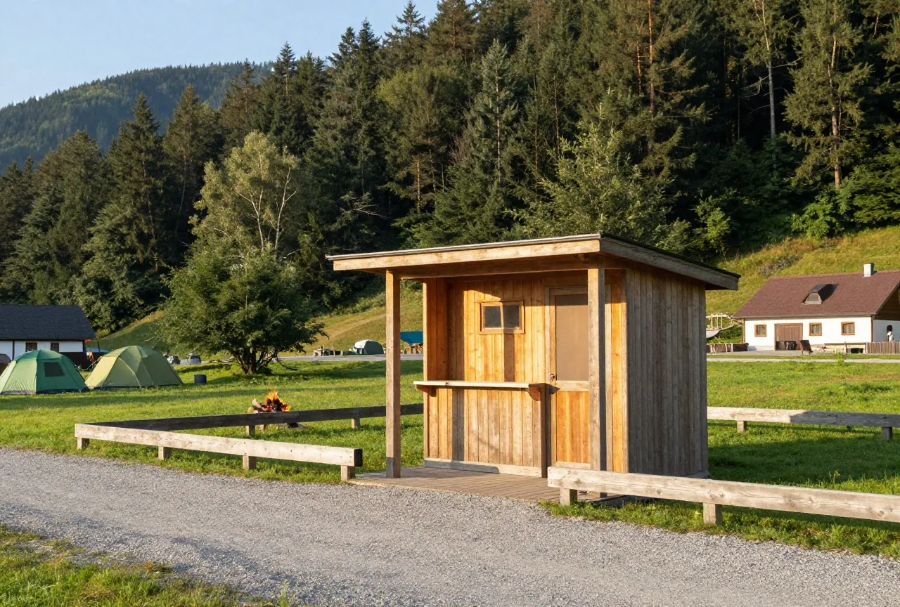 Ein kleines Rezeptionshäuschen aus Holz an der Einfahrt eines Campingplatzes im Mittelgebirge