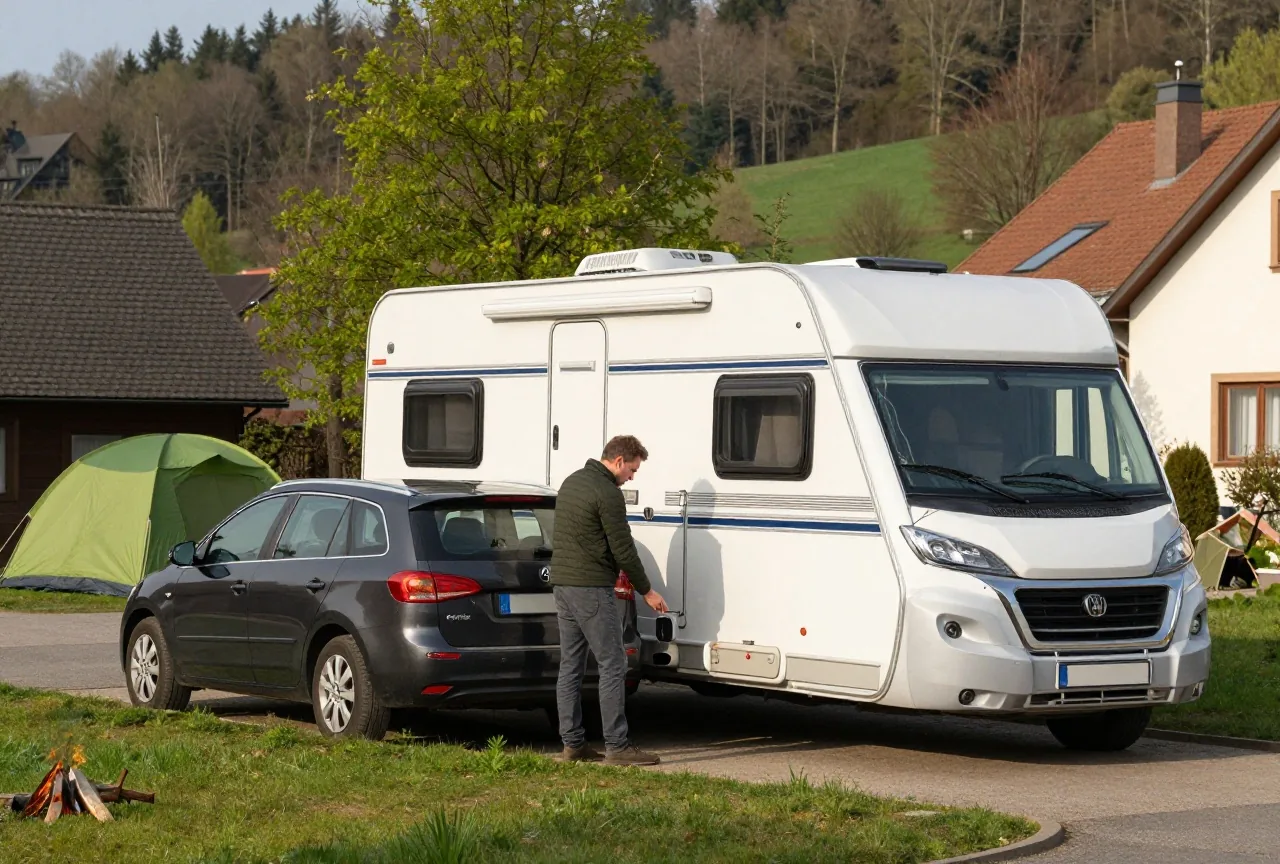 Ein Mann prüft in einer Einfahrt die Kupplung zwischen Auto und weißem Wohnwagen