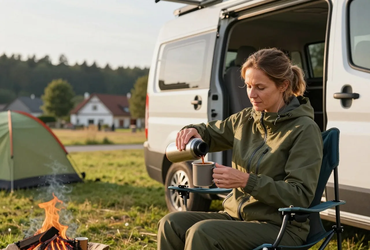 Eine Frau um die vierzig sitzt im Campingstuhl neben einem Wohnmobil und gießt Kaffee aus einer Thermoskanne