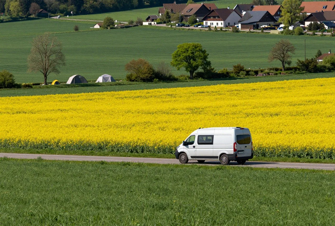 Ein Wohnmobil fährt im Frühling auf einer Landstraße zwischen blühenden Rapsfeldern