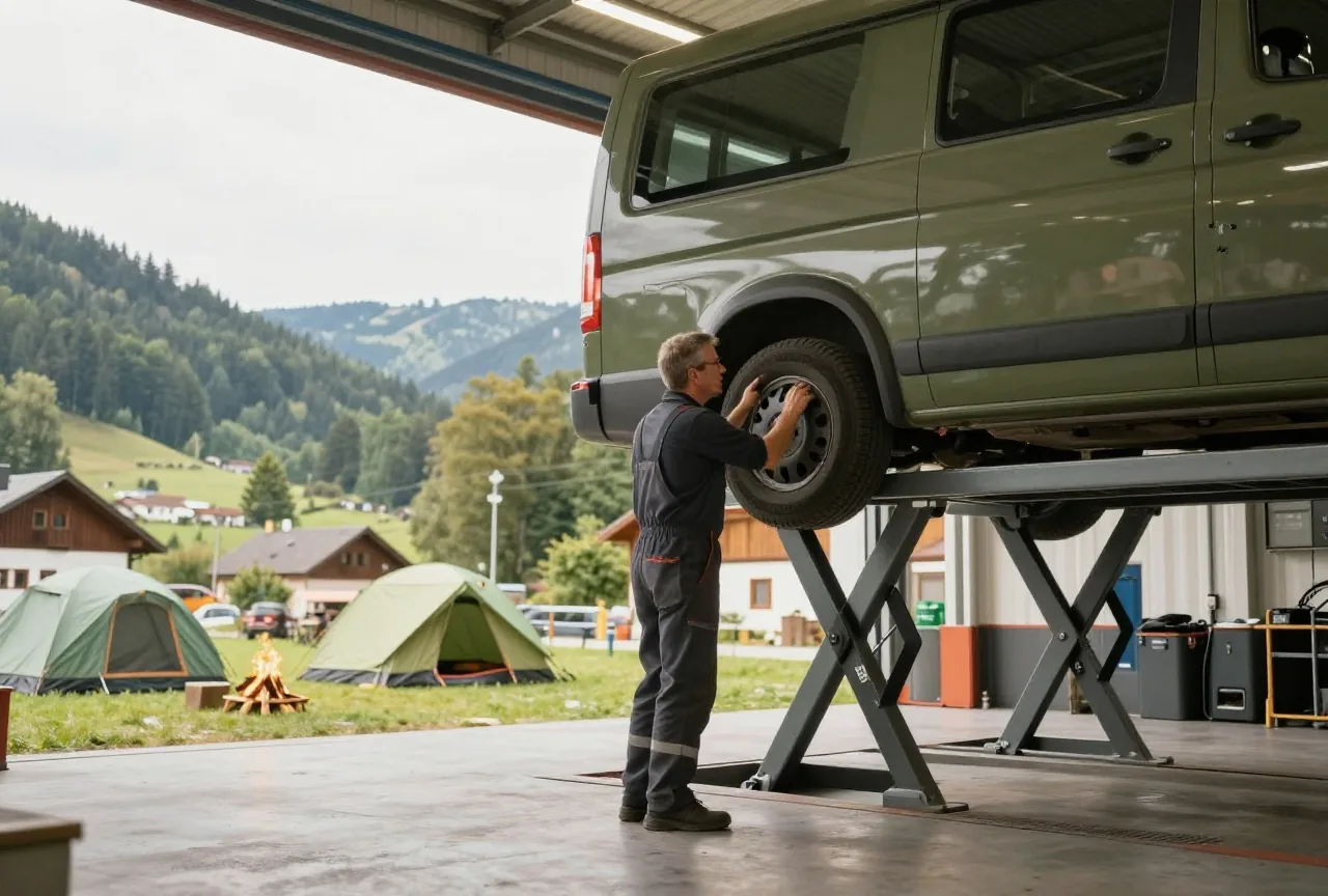 Ein Mechaniker um die fünfzig prüft in einer hellen Prüfhalle die Unterseite eines Wohnmobils auf der Hebebühne