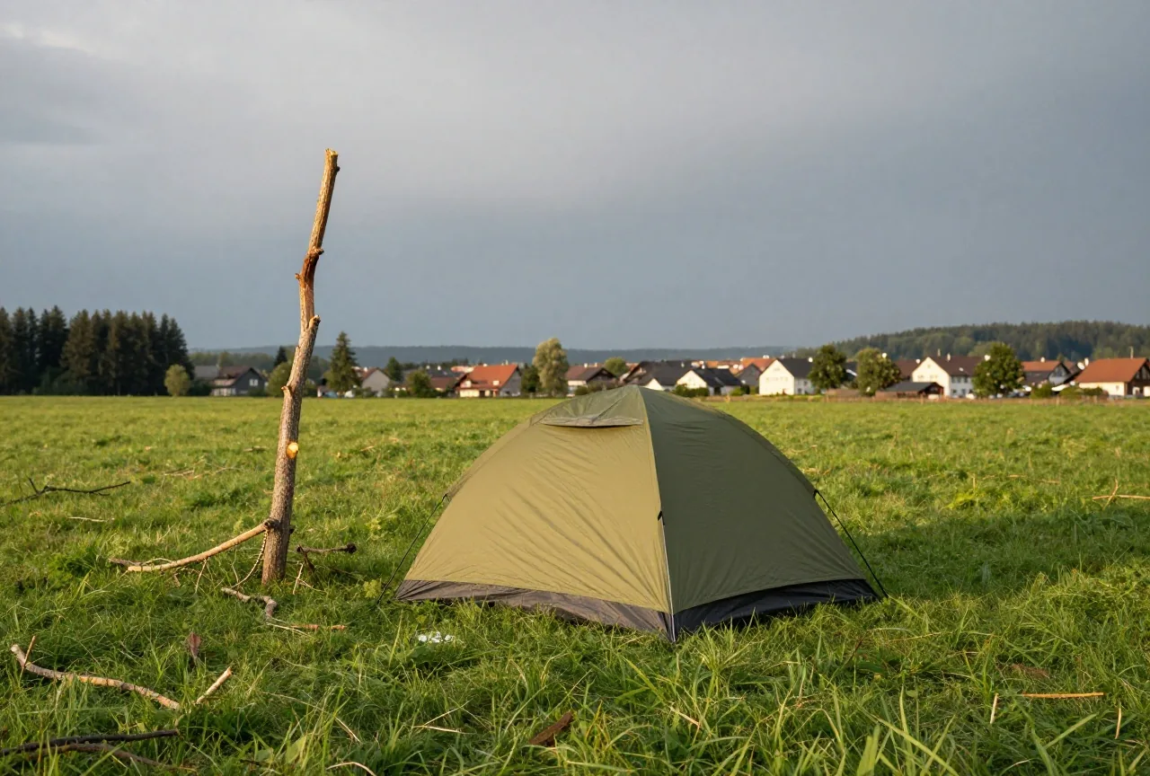 Ein kleines Kuppelzelt mit gebrochener Stange nach einem Sturm, Äste liegen im Gras