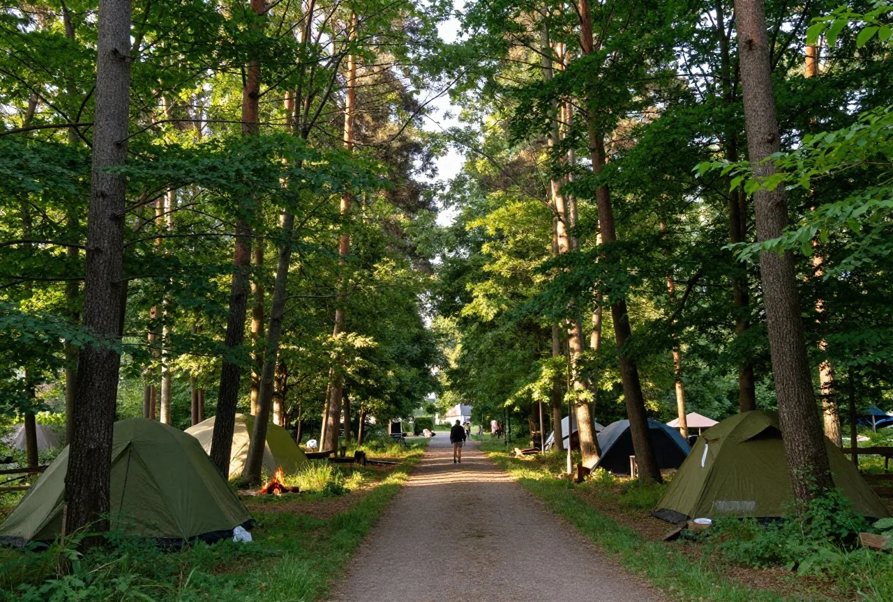 Ein dichter Mischwald mit schmalem Fußweg im Sommer, Sonnenlicht fällt durch Buchen und Kiefern