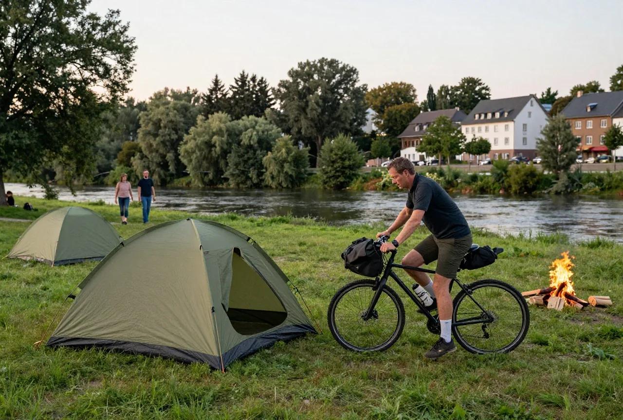 Ein Radfahrer um die dreißig baut am Abend neben seinem bepackten Reiserad ein kleines Zelt an einem Fluss auf