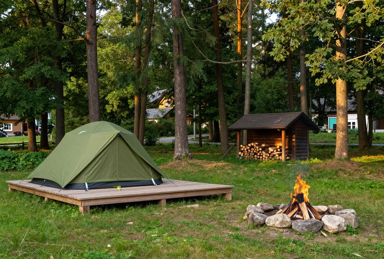 Ein einfacher Lagerplatz im Wald mit Holzpodest für Zelte, Feuerstelle mit Brennholz und kleiner Holzhütte