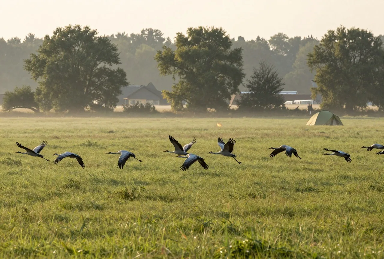 Ein Kranichschwarm fliegt bei Sonnenaufgang tief über eine neblige Auenwiese, am Rand steht ein einzelnes Zelt