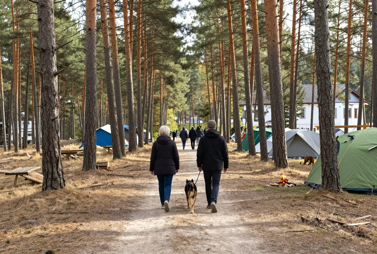 Ein angeleinter Hund läuft mit einem Erwachsenen auf einem sandigen Weg durch trockenen Kiefernwald