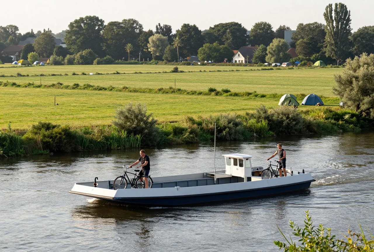 Eine kleine Seilfähre überquert einen breiten Fluss, an Deck stehen zwei Radfahrende, am anderen Ufer grüne Auen