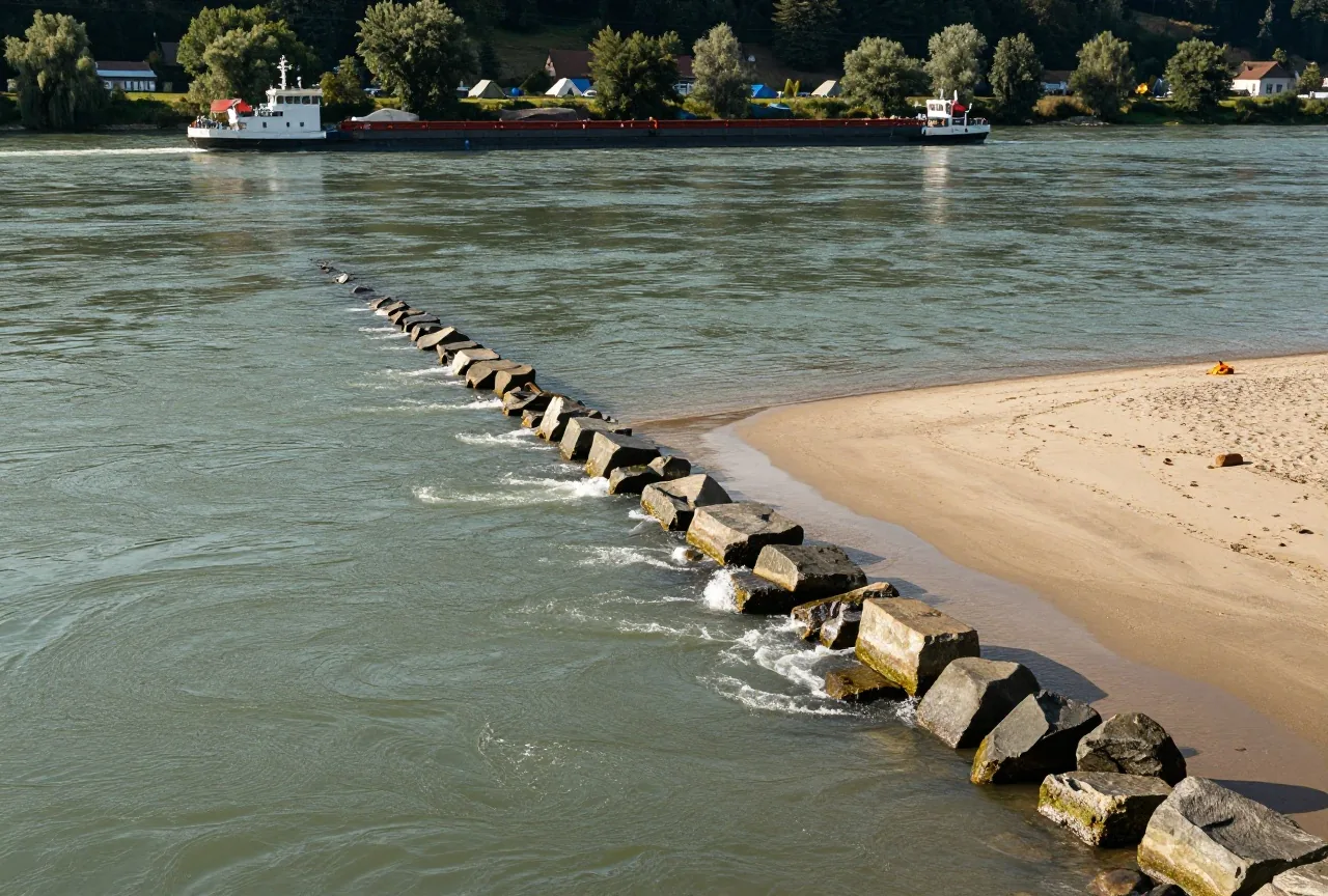 Steinbuhnen ragen in einen breiten Fluss mit Strudeln an der Spitze, in der Ferne fährt ein Frachtschiff