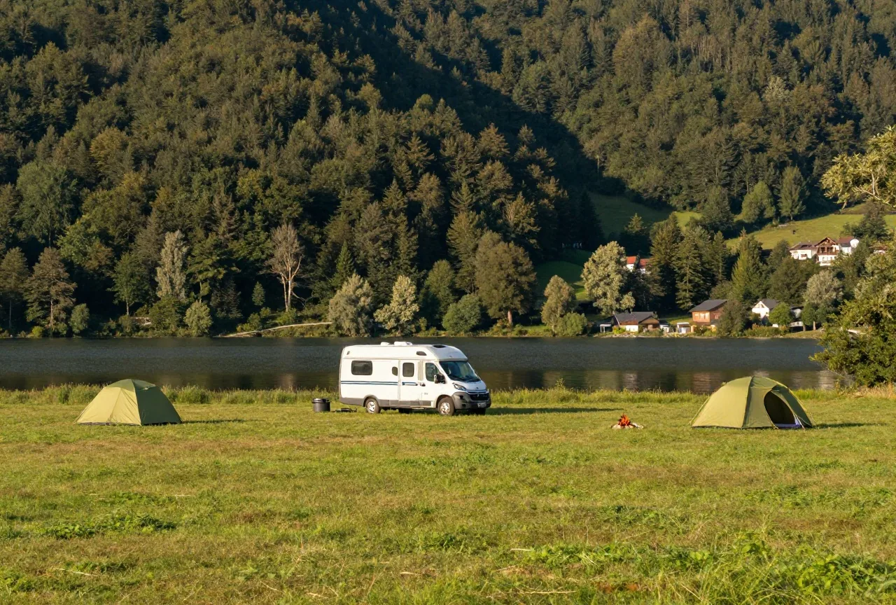 Eine Campingwiese am Ufer eines Stausees unter bewaldeten Hügeln, ein Wohnwagen und ein Zelt am Wasser