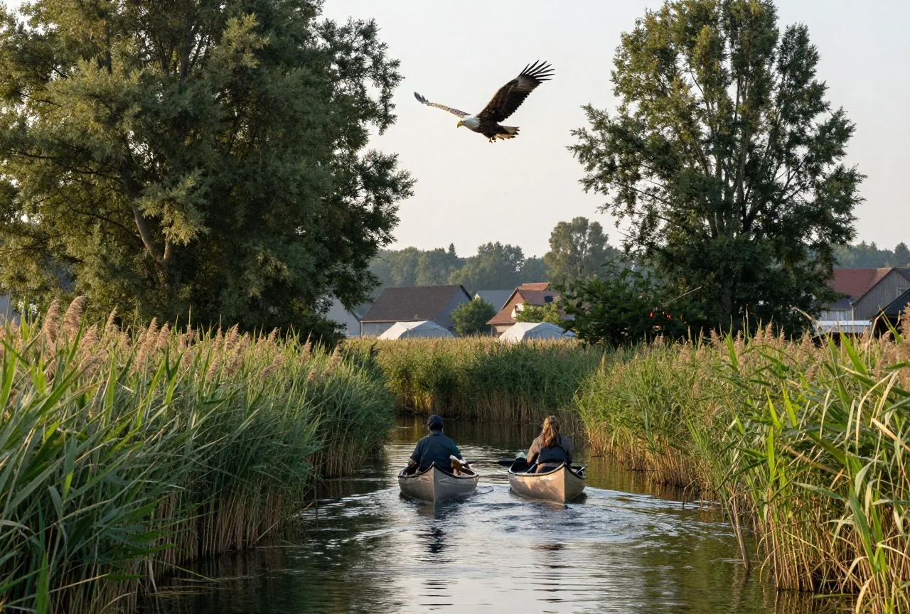 Zwei Kanus gleiten durch einen schmalen Kanal zwischen Schilf und Erlen, hoch darüber kreist ein Seeadler