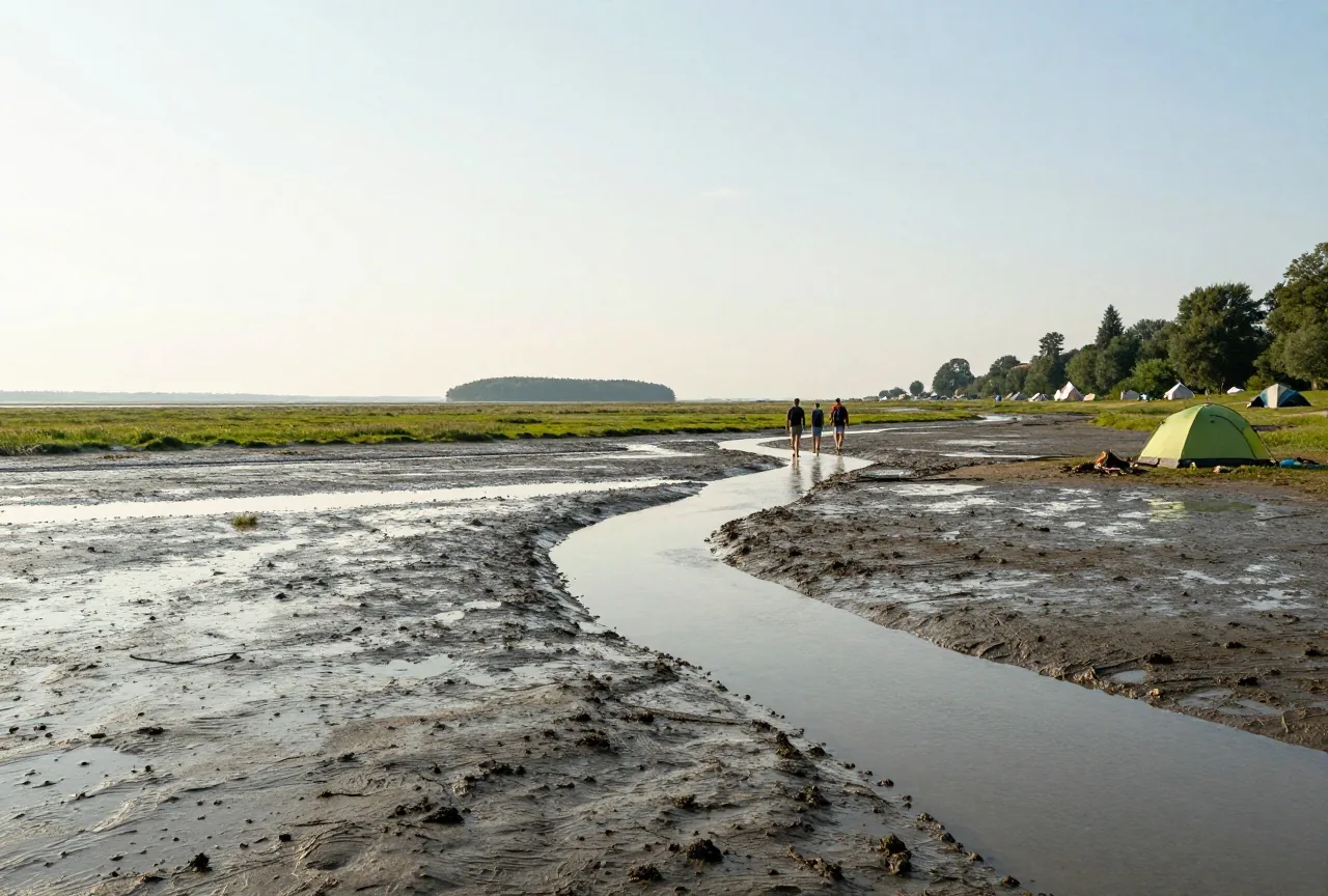 Weites Watt bei Ebbe mit flachen Prielen, am Horizont eine Insel, in der Ferne zwei Wanderer von hinten