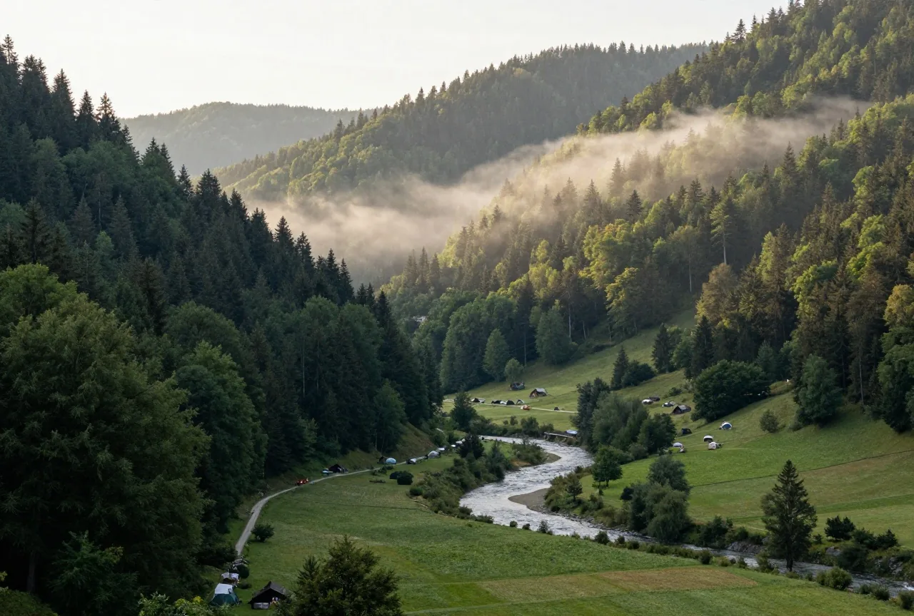Bewaldetes Mittelgebirgstal im Morgennebel, unten schlängelt sich ein Fluss durch Wiesen