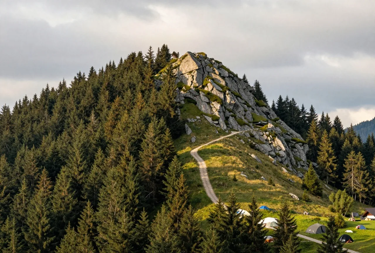 Ein bewaldeter Bergrücken mit dunklen Fichten und einer Granitfelsgruppe, ein Wanderweg führt bergauf