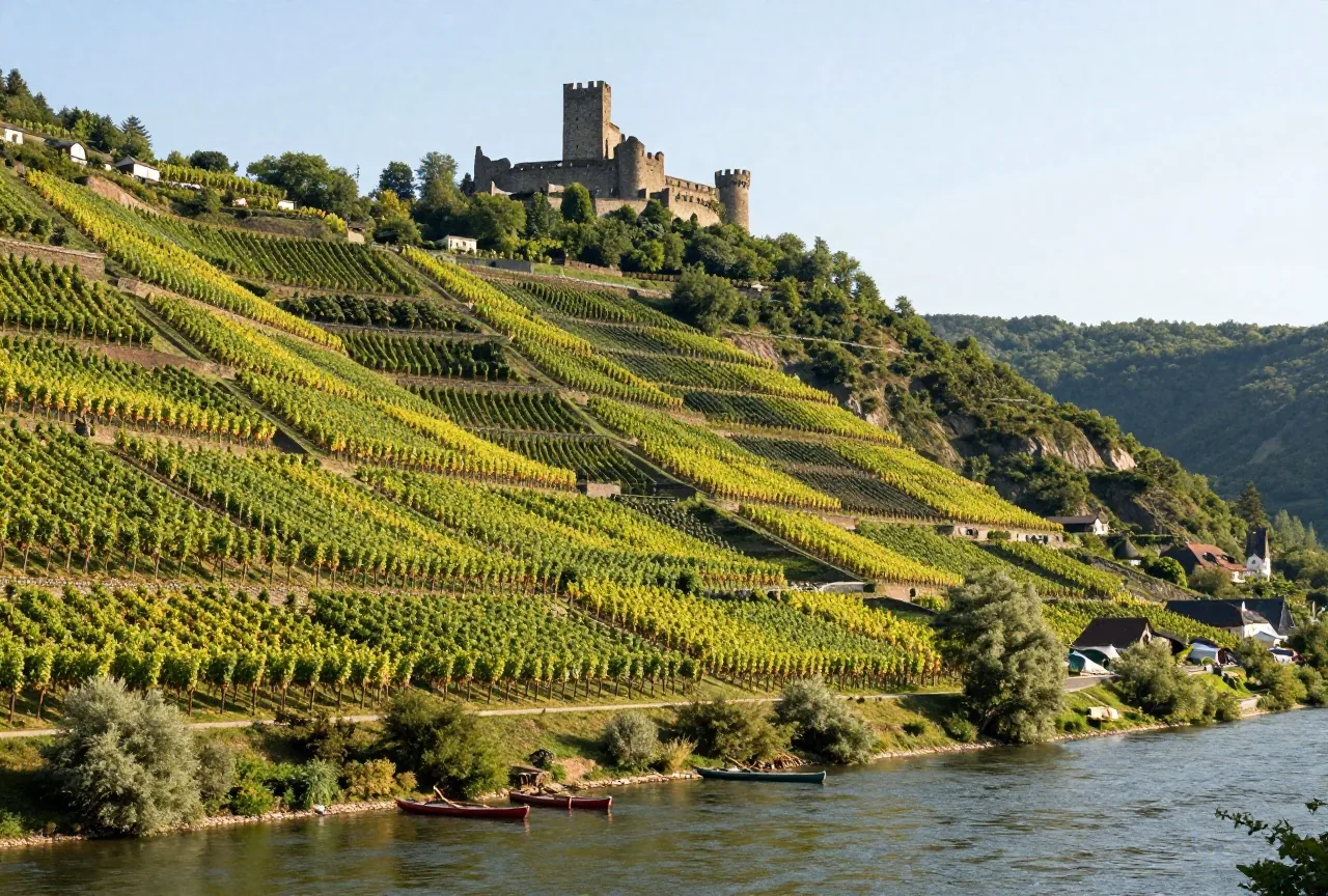 Ein Flusstal mit terrassierten Weinbergen, oben eine Burgruine, am Ufer liegen Kanus