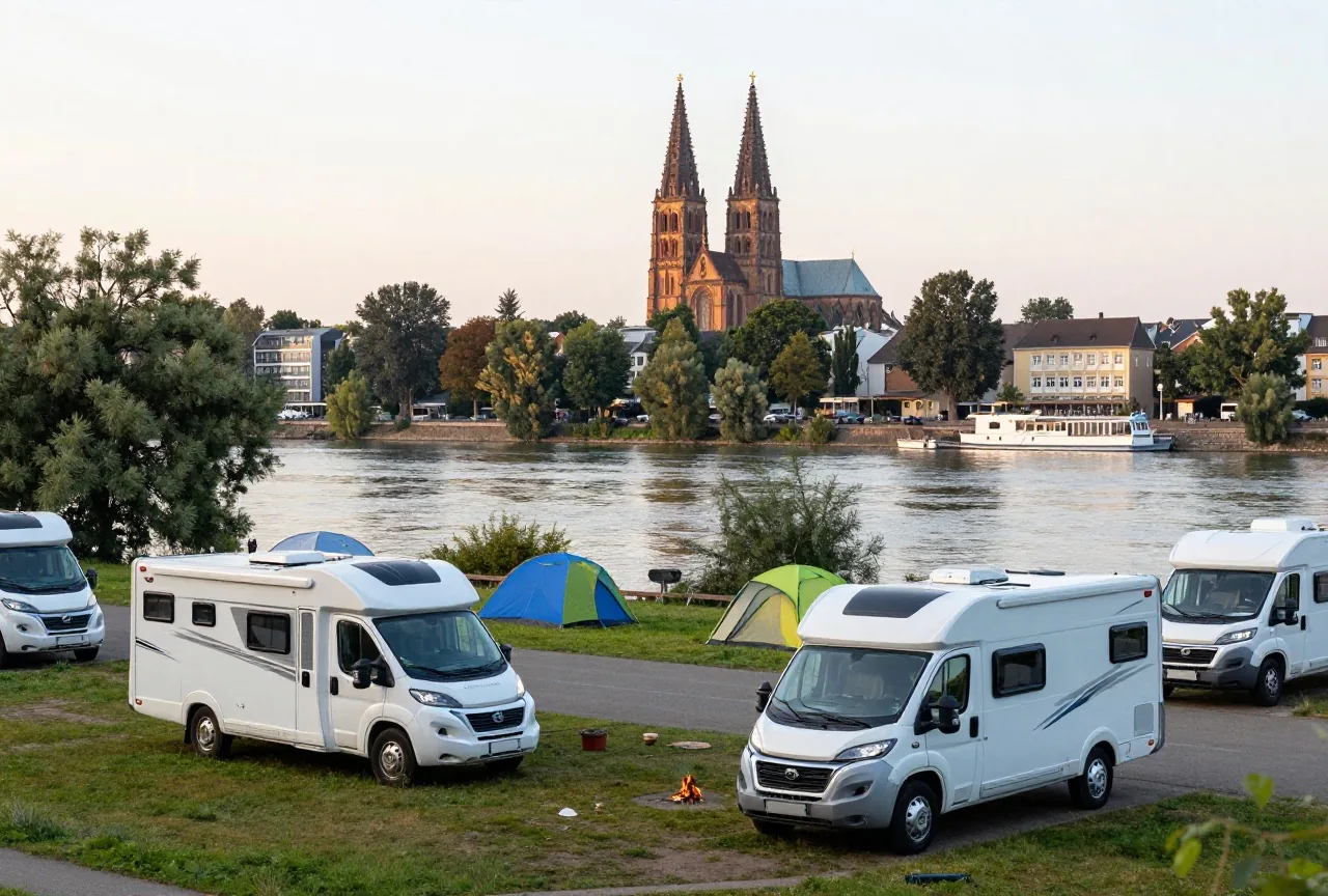 Mehrere weiße Wohnmobile auf einem Stellplatz am Fluss, in der Ferne ein Dom mit zwei Türmen