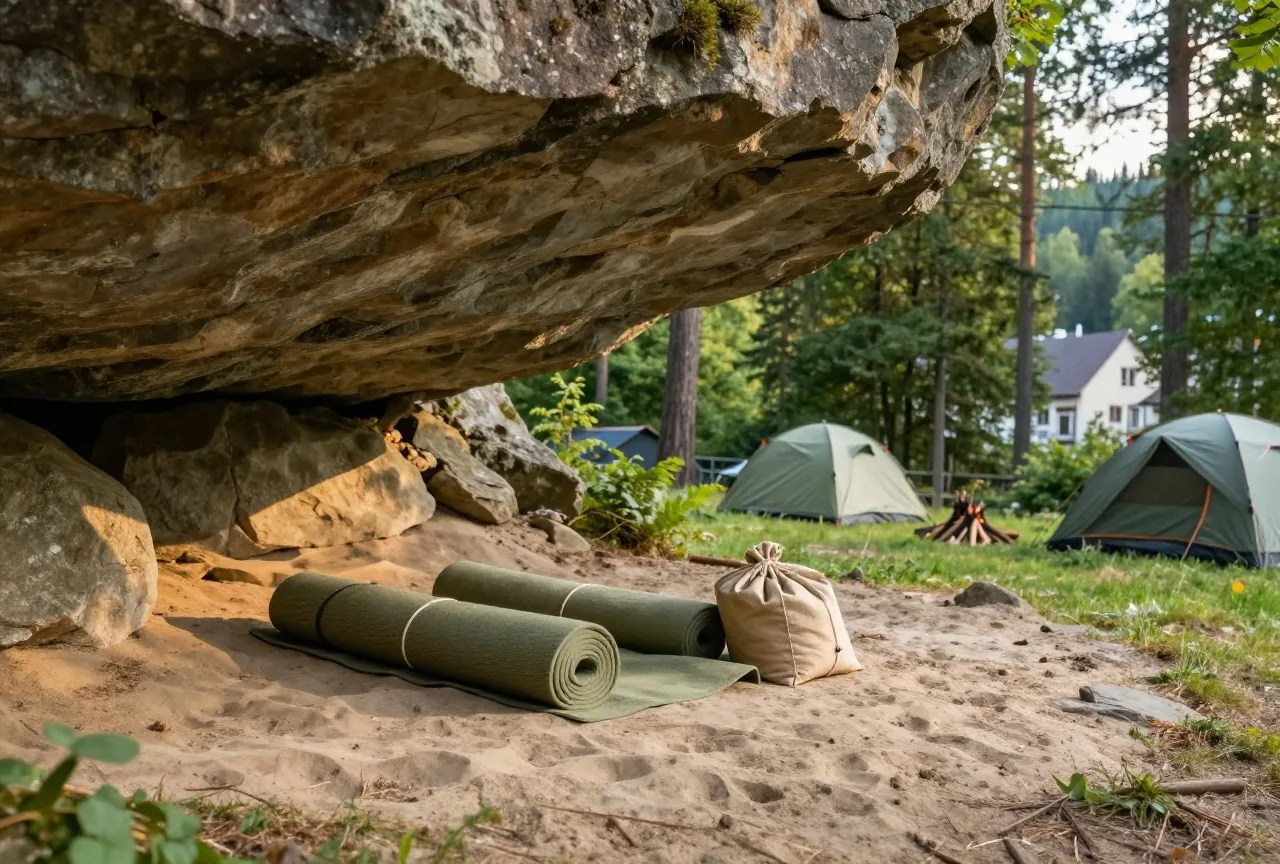 Ein geschützter Schlafplatz unter einem großen Sandsteinüberhang im Wald, darunter zwei Isomatten und ein Seilsack