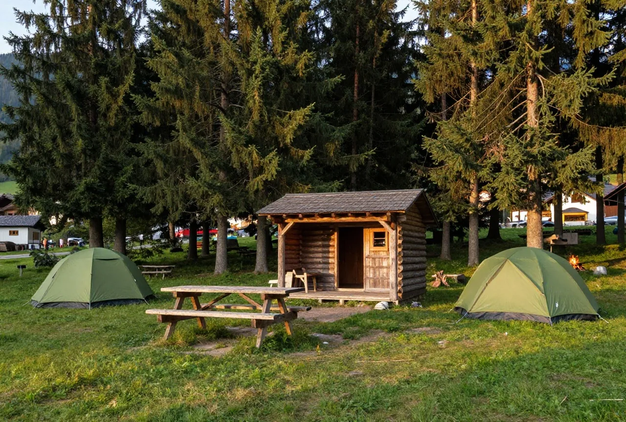 Eine kleine Waldlichtung mit Schutzhütte, Holztisch und zwei kleinen Bergzelten zwischen Fichten