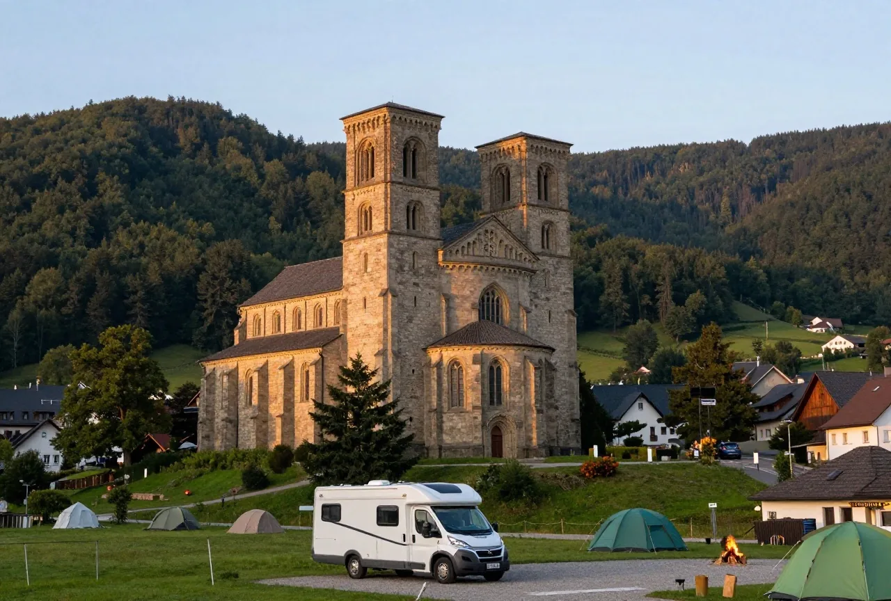 Eine große romanische Klosterkirche mit zwei Türmen über einer kleinen Stadt, unten ein Wohnmobil auf einem Kiesplatz