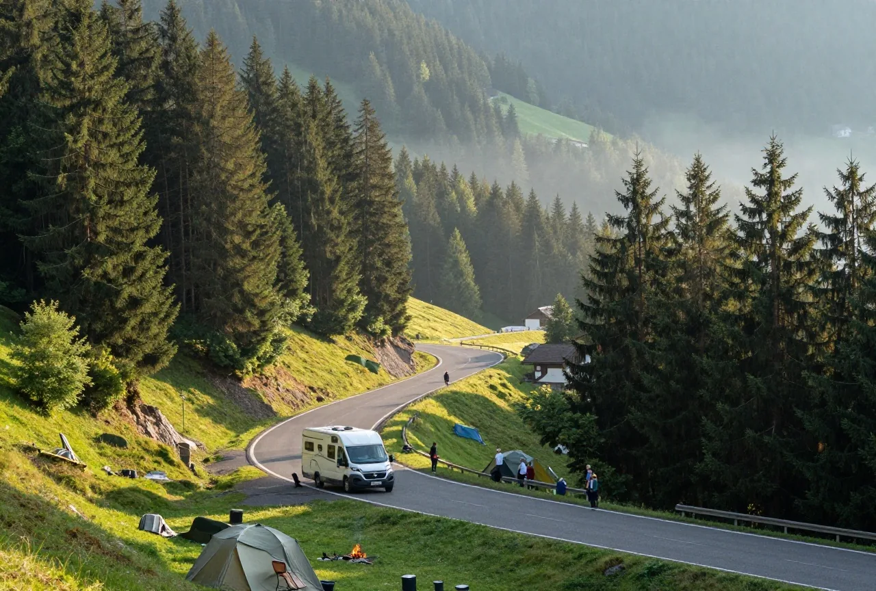 Eine kurvige Bergstraße durch dichten Fichtenwald mit Blick über bewaldete Höhen, ein Campingbus in einer Haltebucht