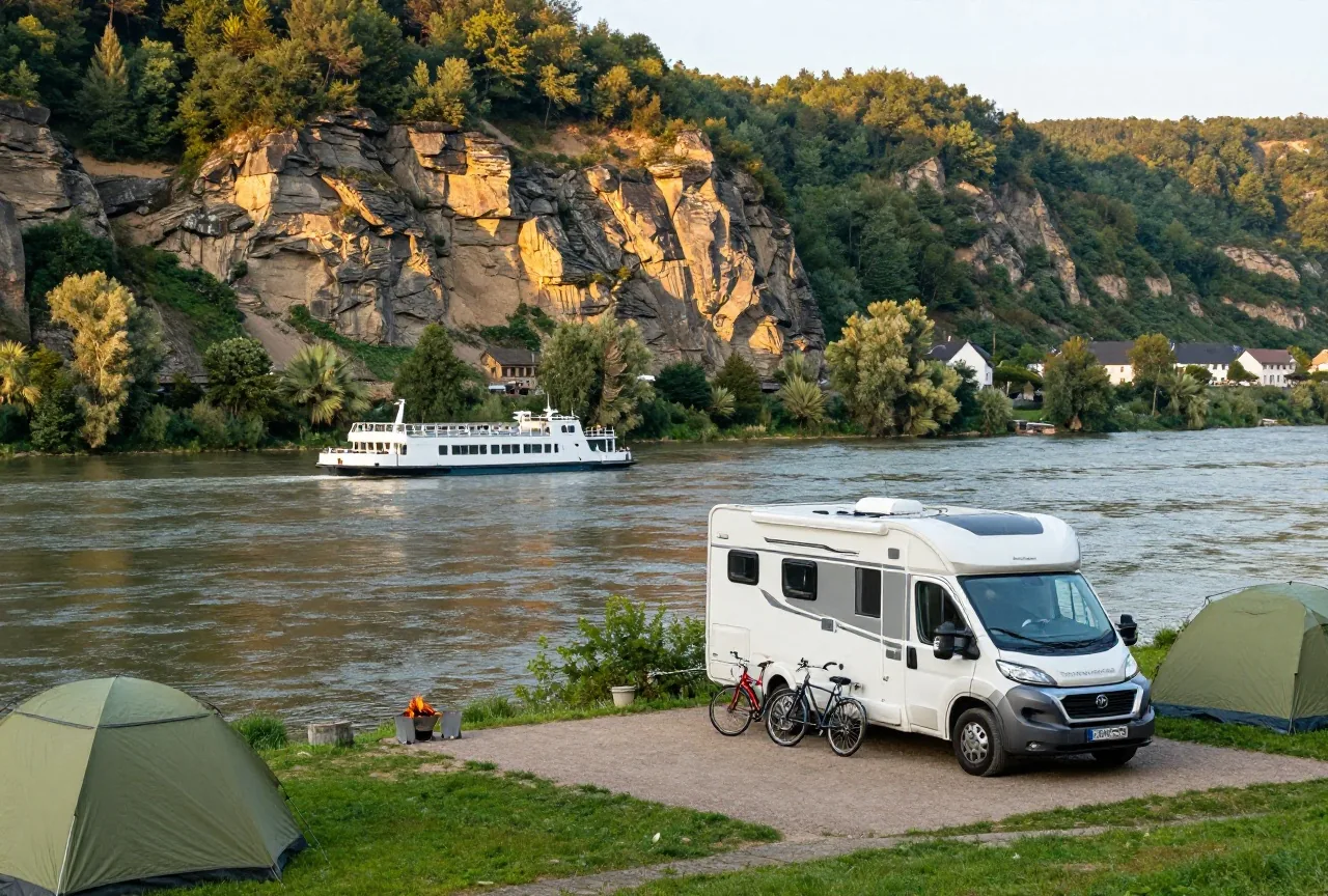 Ein Stellplatz am Flussufer, zwei Fahrräder lehnen an einem weißen Wohnmobil, dahinter Fluss, Fähre und Sandsteinfelsen