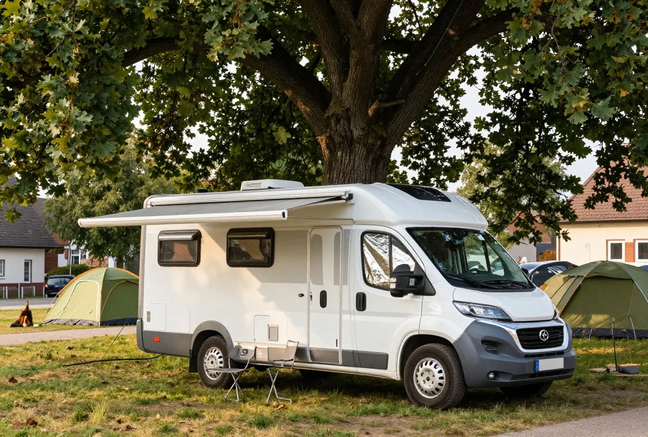 Ein weißer Kastenwagen parkt unter einer Eiche, silberne Abdeckungen liegen auf den Frontscheiben, die Markise ist ausgefahren