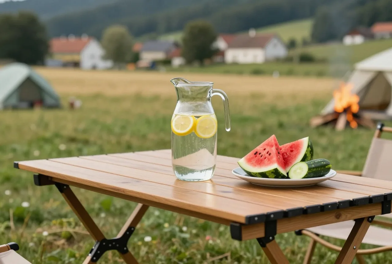 Ein Holztisch im Schatten mit einem Wasserkrug mit Zitronenscheiben, geschnittener Wassermelone und Gurken auf einem Teller