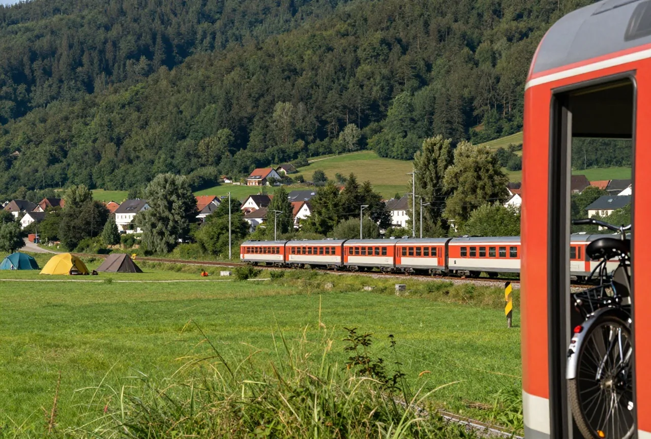 Ein Regionalzug fährt durch ein grünes Flusstal, durch die offene Tür des Fahrradabteils sind zwei Fahrräder zu sehen