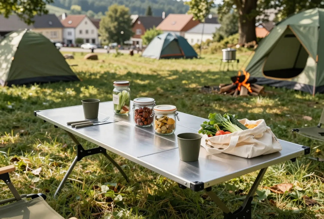 Ein Campingtisch mit Metalltellern, Bechern und Besteck, Gläser mit Deckeln und ein Stoffbeutel mit losem Gemüse