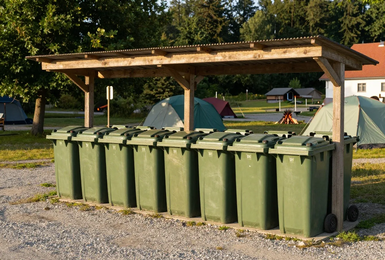 Eine Reihe farbiger Abfalltonnen steht unter einem Holzunterstand auf einem Campingplatz, dahinter Bäume