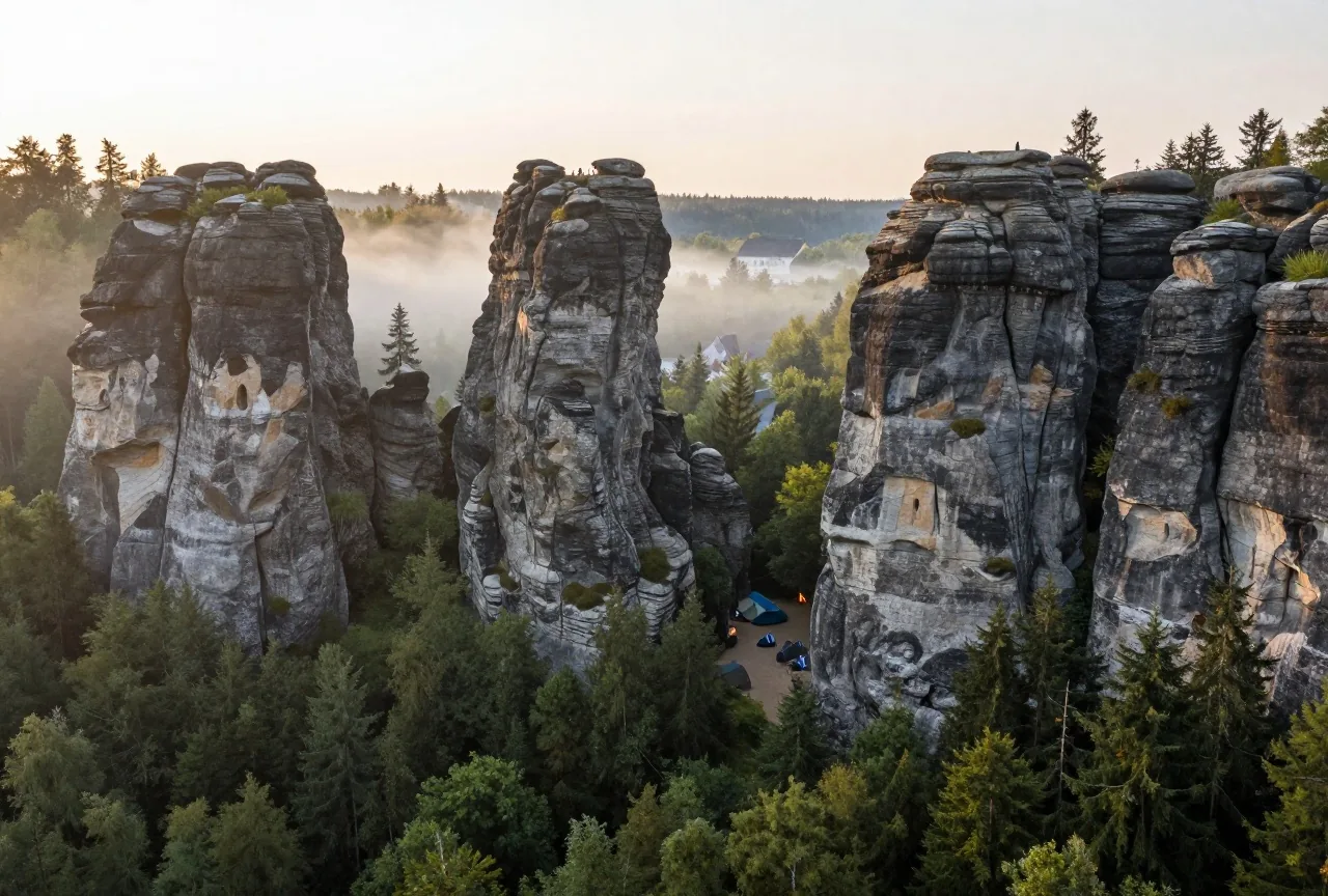 Hohe Sandsteinfelsen ragen bei Sonnenaufgang über ein bewaldetes Tal, zwischen den Felsen liegt Nebel