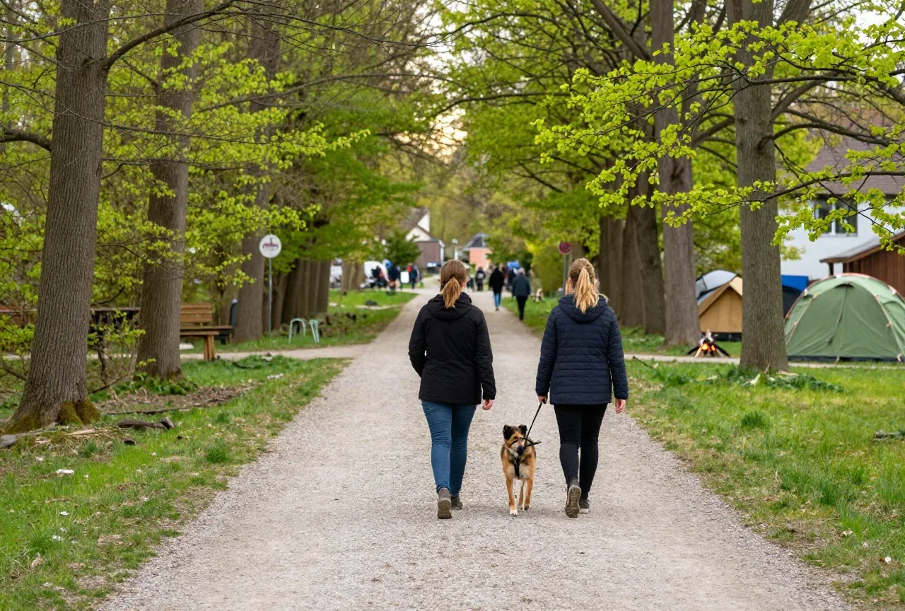 Eine Frau um die dreißig geht mit ihrem angeleinten Hund auf einem breiten Waldweg im Frühling
