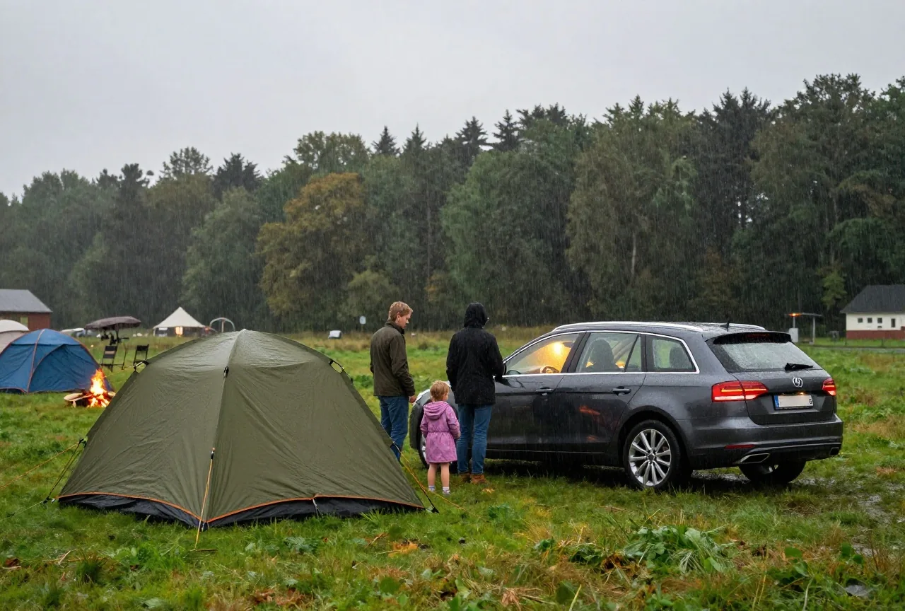 Ein Kombi parkt bei starkem Regen neben einem kleinen Zelt, im Wageninneren brennt schwaches Licht