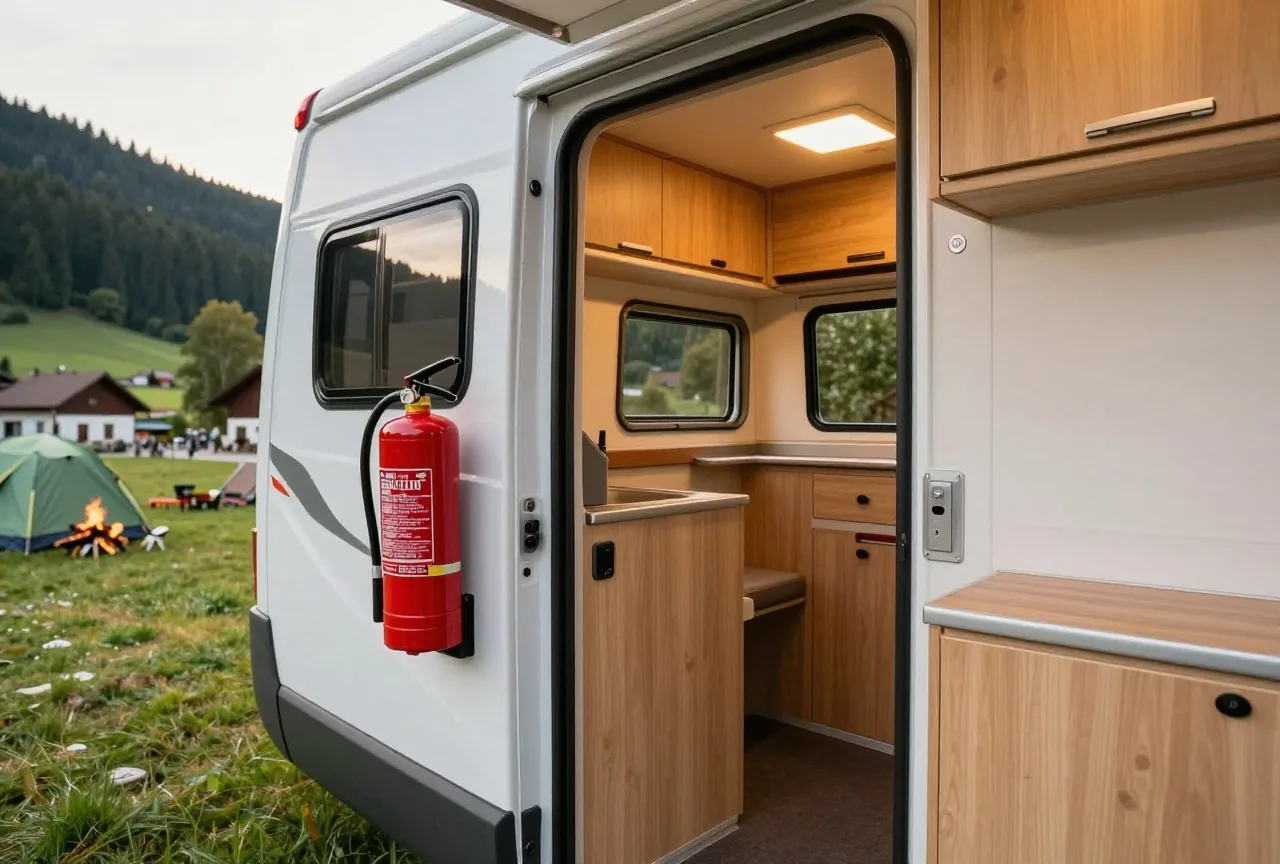 Ein roter Feuerlöscher hängt in einer Halterung neben der Eingangstür eines aufgeräumten Wohnmobils mit Holzschränken