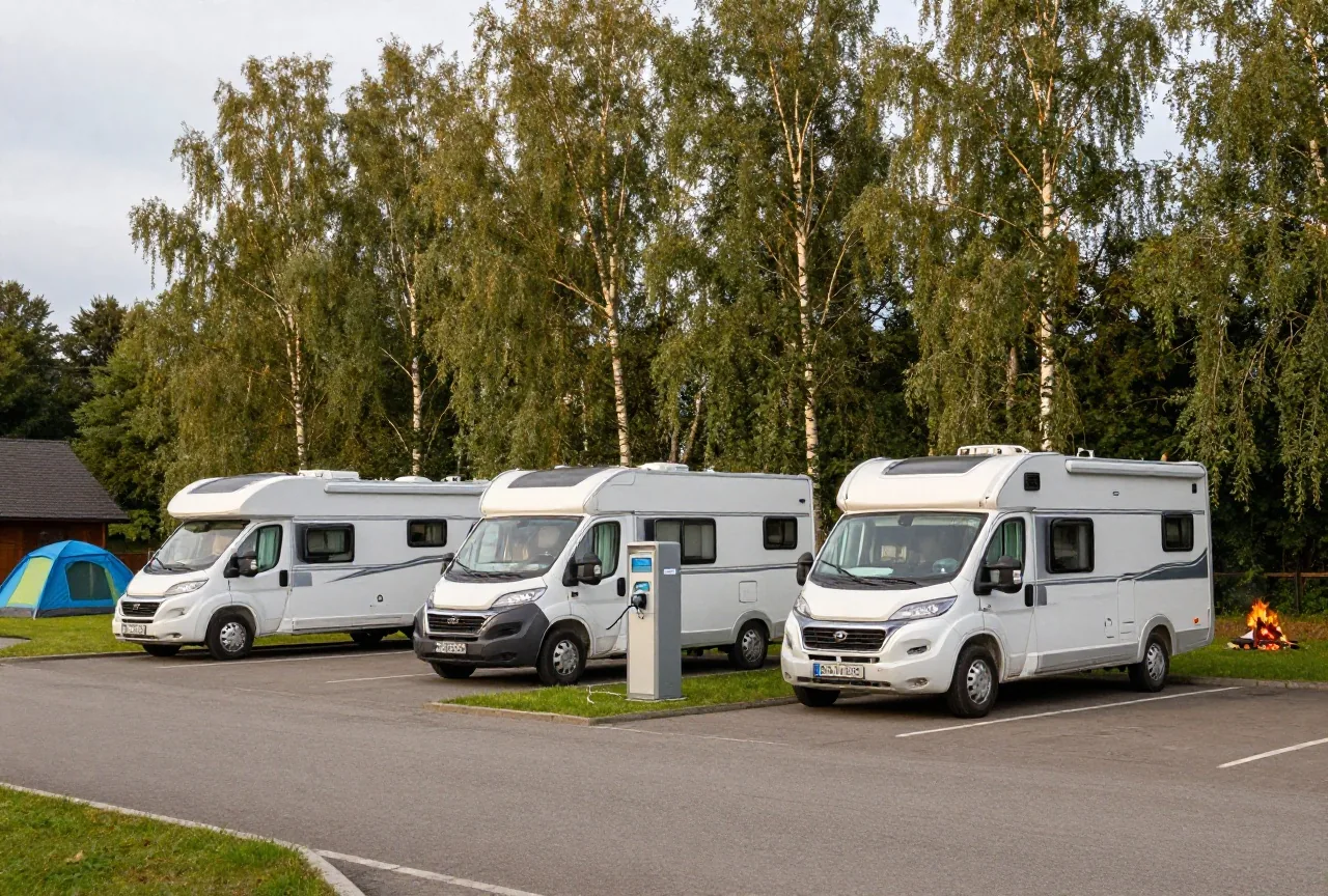 Ein kleiner gepflasterter Stellplatz mit drei weißen Wohnmobilen und einer grauen Versorgungssäule für Wasser und Strom am Rand