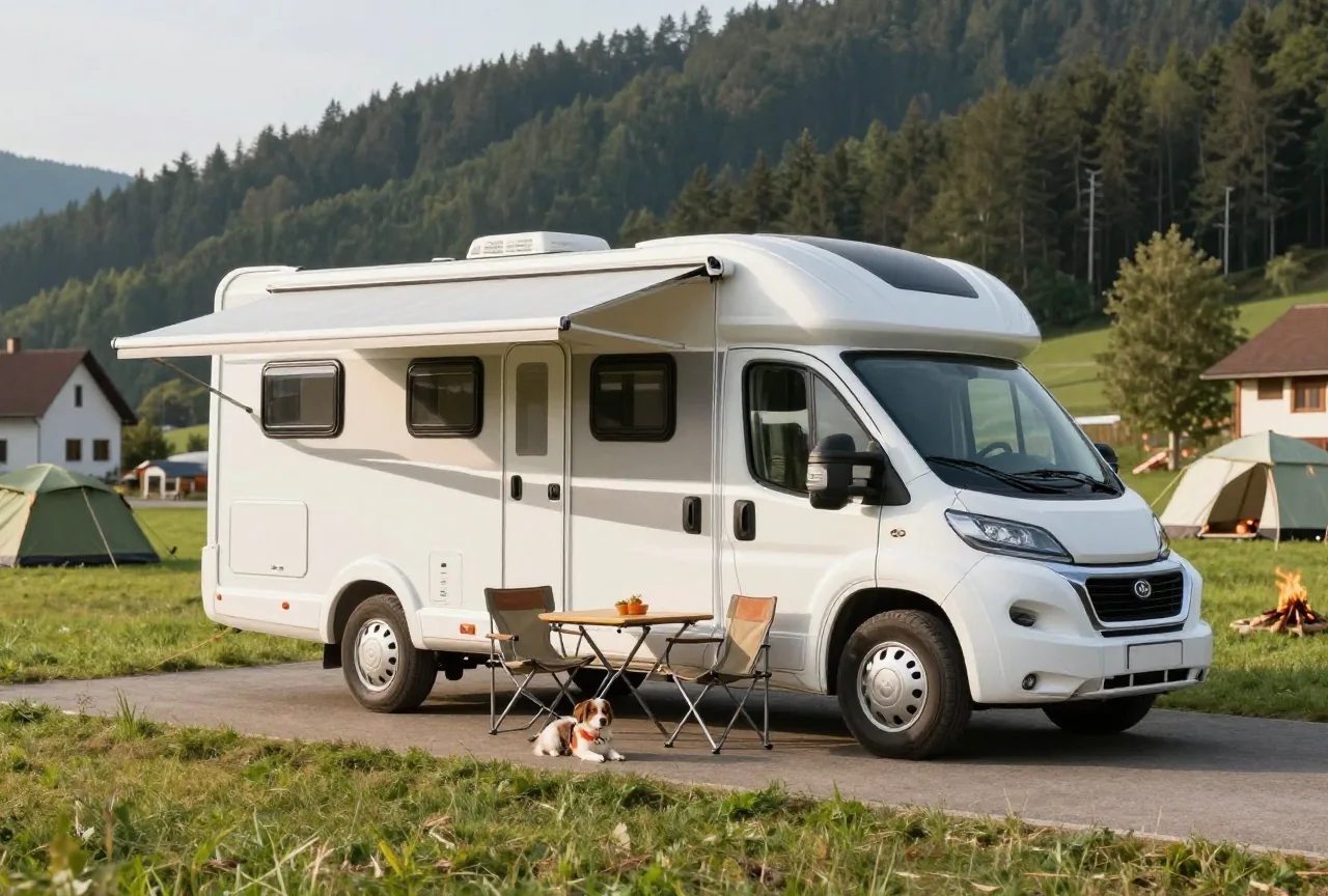 Ein weißes Wohnmobil mit ausgefahrener Markise, daneben Klapptisch, zwei Stühle und ein angeleinter kleiner Hund