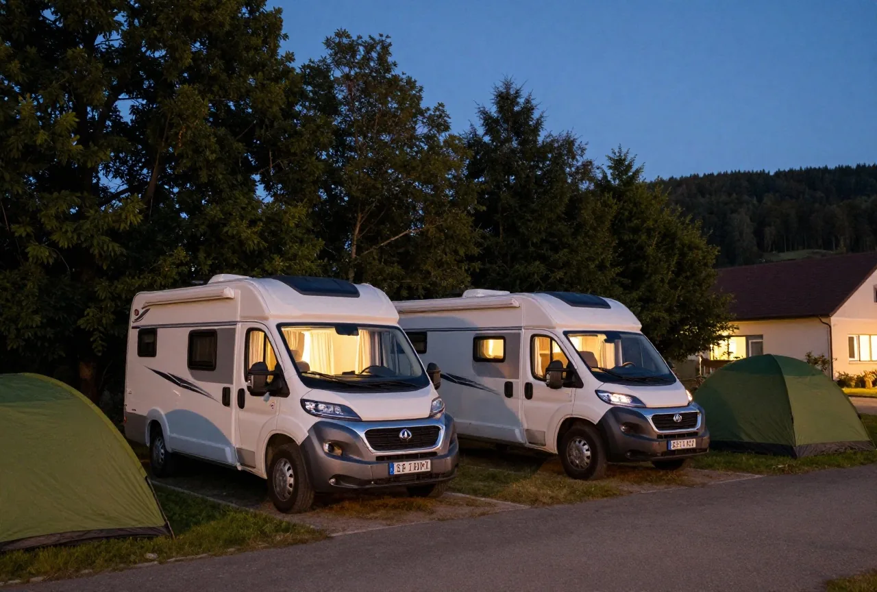 Ein ruhiger Wohnmobilstellplatz spät in der Nacht, gedämpftes Licht hinter den Vorhängen zweier Fahrzeuge unter klarem Sternenhimmel