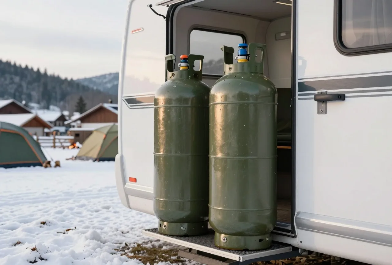 Zwei graue Gasflaschen nebeneinander im offenen Gasfach eines weißen Wohnwagens, auf dem Boden liegt etwas Schnee