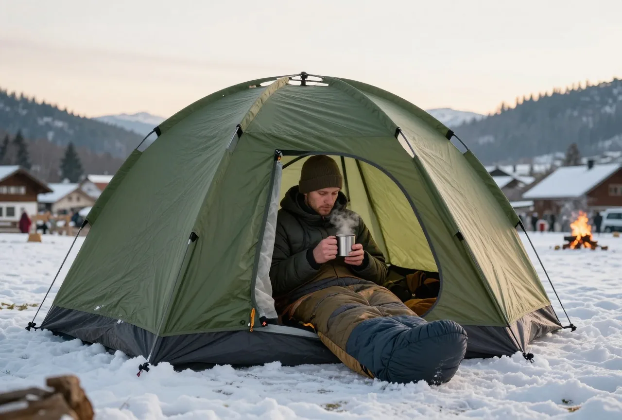 Ein kleines Kuppelzelt im Schnee bei Sonnenaufgang, ein Mann mit Wintermütze sitzt im Schlafsack im Zelteingang