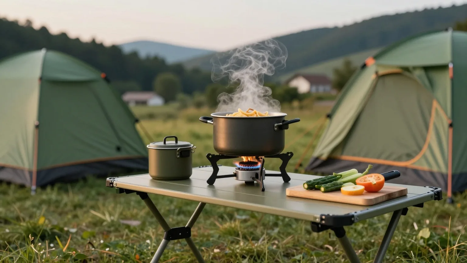 Ein zweiflammiger Campingkocher auf einem Klapptisch vor einem Zelt, ein dampfender Topf und ein Schneidebrett mit Gemüse