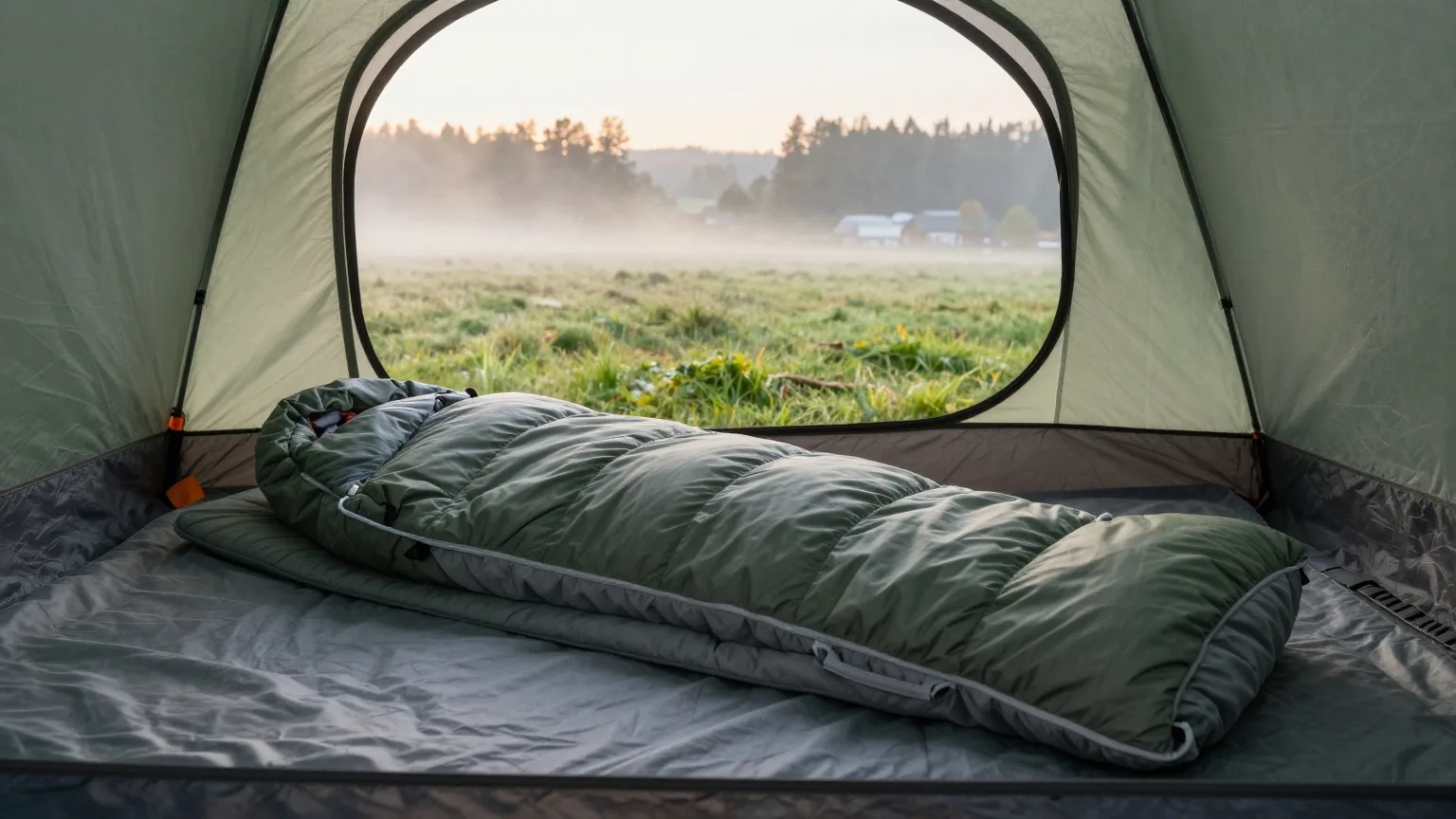 Ein Schlafsack auf einer dicken Isomatte in einem Kuppelzelt, die Tür offen zu einer nebligen Wiese im Morgengrauen