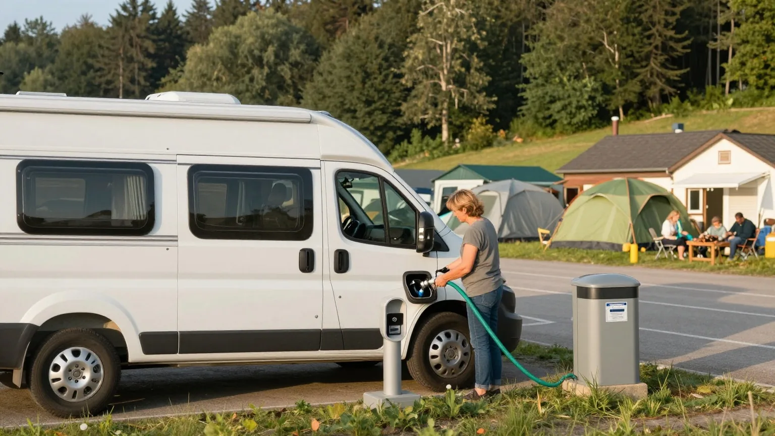 Eine Frau um die vierzig füllt an einer Versorgungsstation den Frischwassertank eines Campingbusses mit einem grünen Schlauch